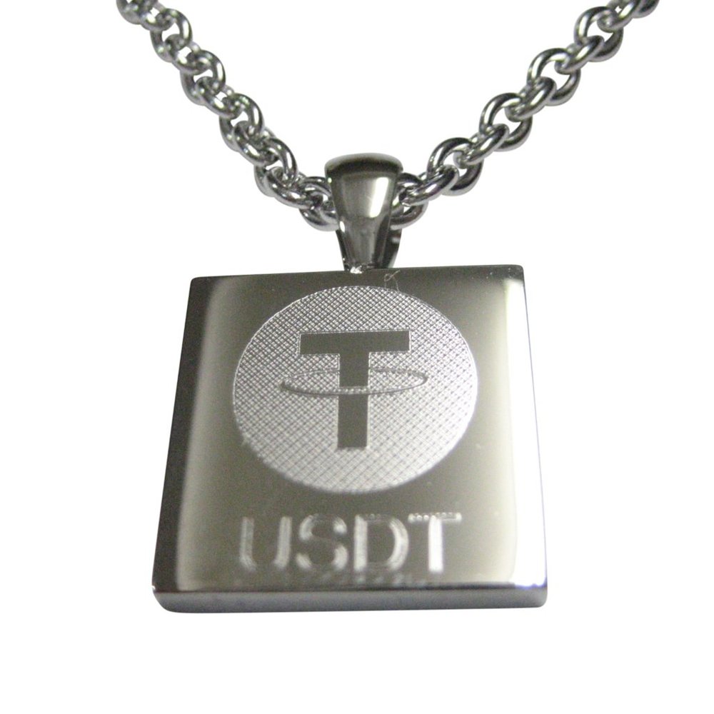 Square Etched Tether Coin Cryptocurrency Blockchain Pendant Necklace